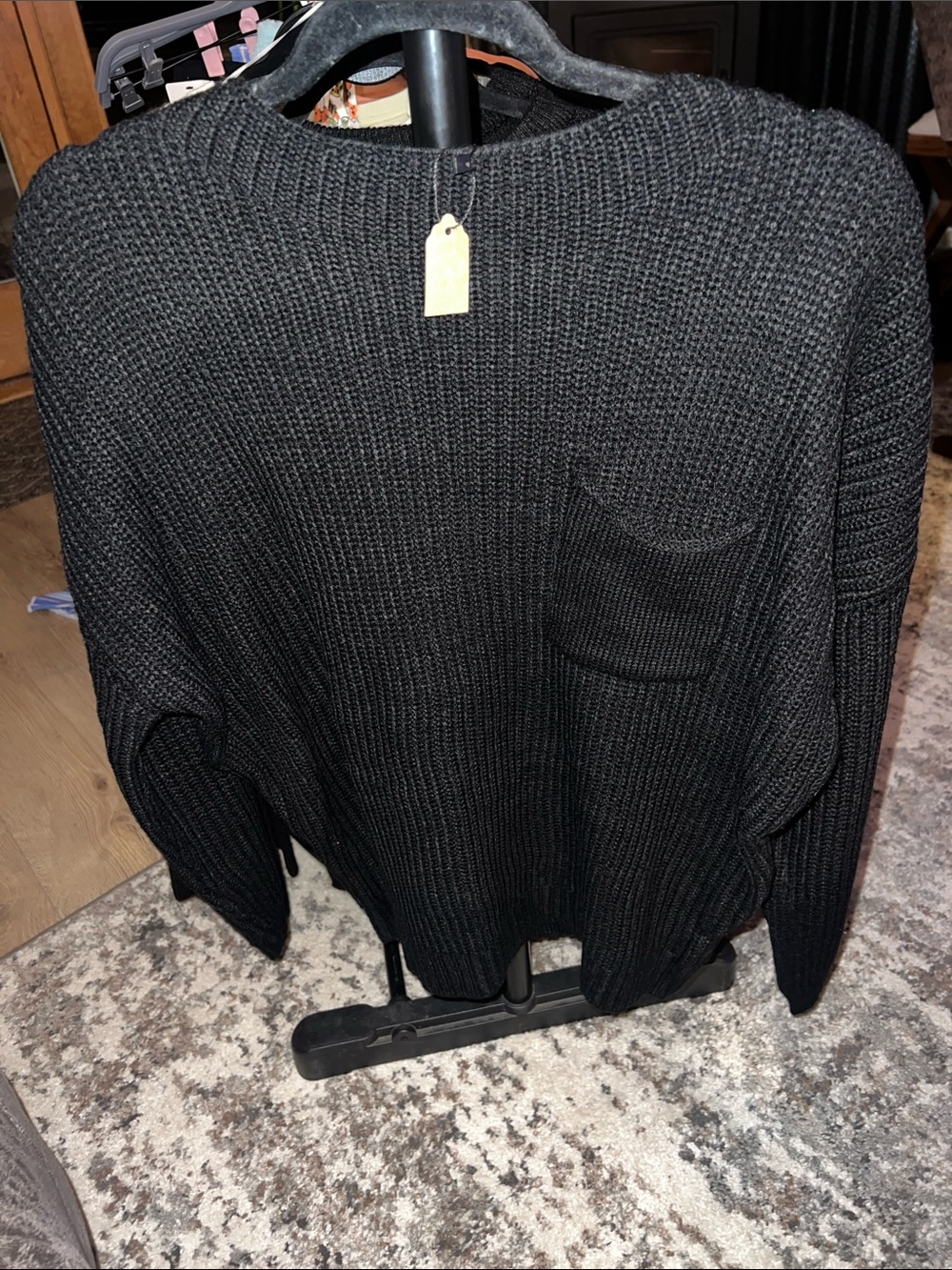 Women's Black Crewneck Knit Sweater with Pocket